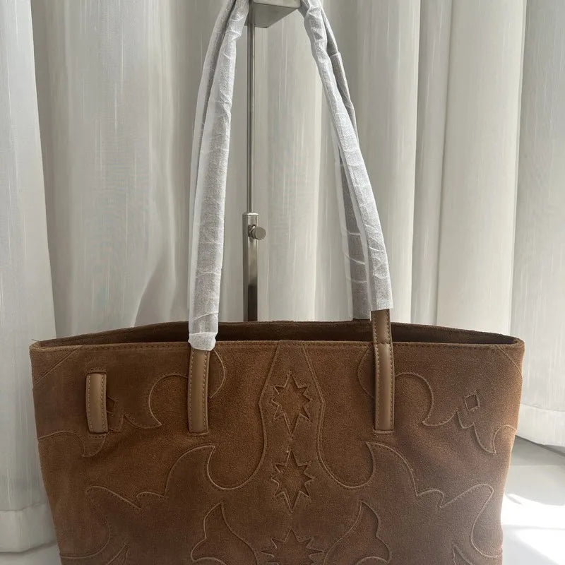New Brown Suede Hobo Bag for Women, Studded Cowhide Large Tote Purse, Faux Suede Leather Shoulder Crossbody Handbag for Shopping