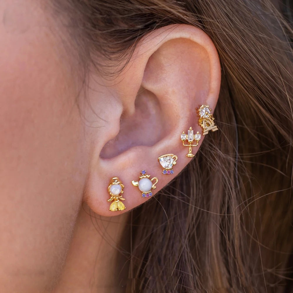 New Ins Colorful Zircon Cute Cartoon Characters Princess Stud Earrings For Women Girls Trendy Party Jewelry Gift