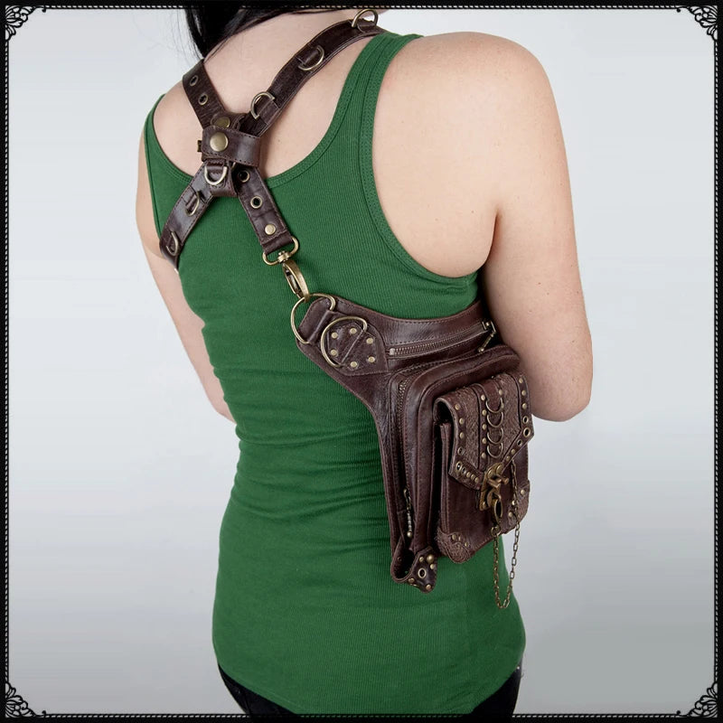 Steampunk Gothic Crossbody Bag Unisex Mini Waist Purse Medieval Rivet Multi-Purpose Travel Shoulder Bag Brown Multi-Way Backpack