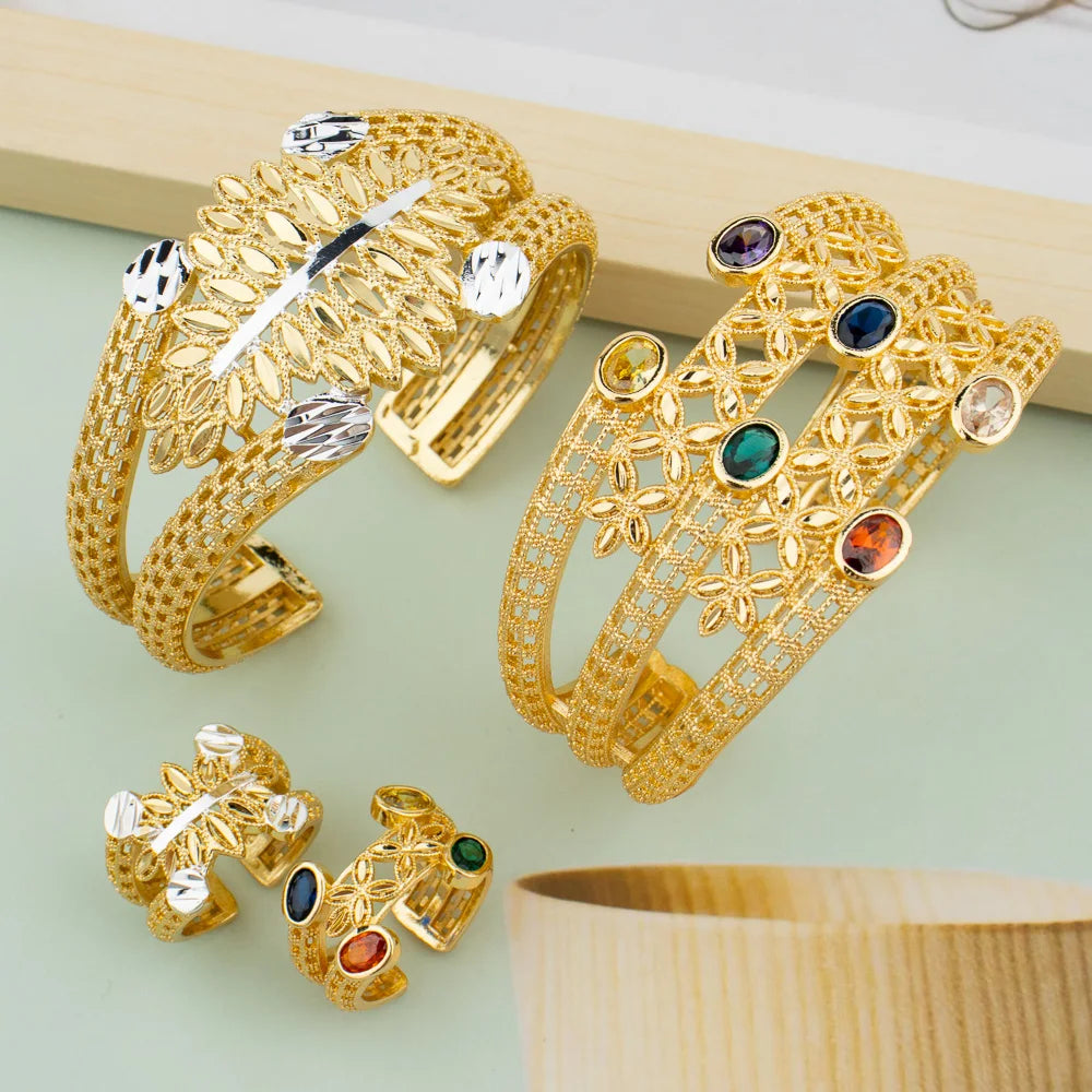 Luxury Bracelet Rings Dubai France Female 18k Gold Color Bangles For Women Bride Bangles Wedding Bracelet with Rings