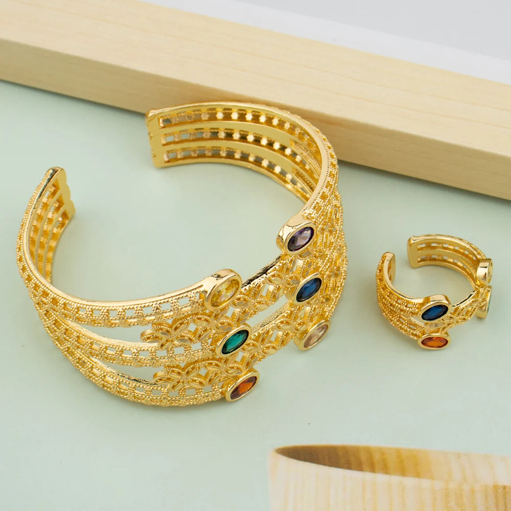 Luxury Bracelet Rings Dubai France Female 18k Gold Color Bangles For Women Bride Bangles Wedding Bracelet with Rings