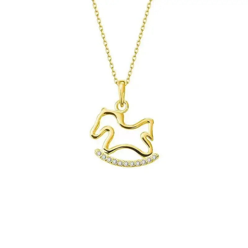 1/2Pcs Fashion Cute Shiny Zircon Hollowed-out Wooden Horse Pendant Necklace For Woman Girls Collarbone Chain Jewelry Gift