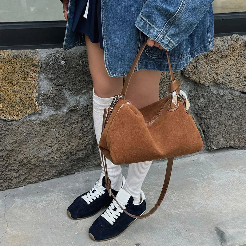 2026 New Fashion Brown Suede Genuine Leather Shoulder Bag Women's Retro Soft Tote Casual Daily Crossbody Handbag
