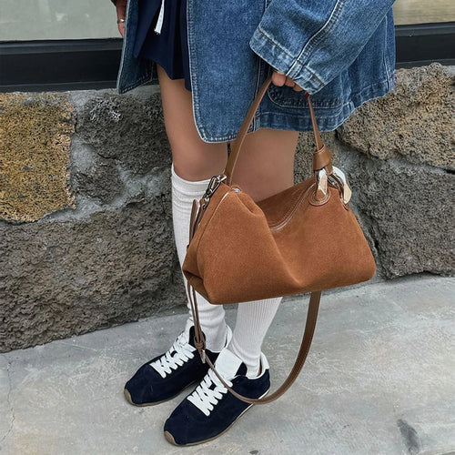 2026 New Fashion Brown Suede Genuine Leather Shoulder Bag Women's Retro Soft Tote Casual Daily Crossbody Handbag