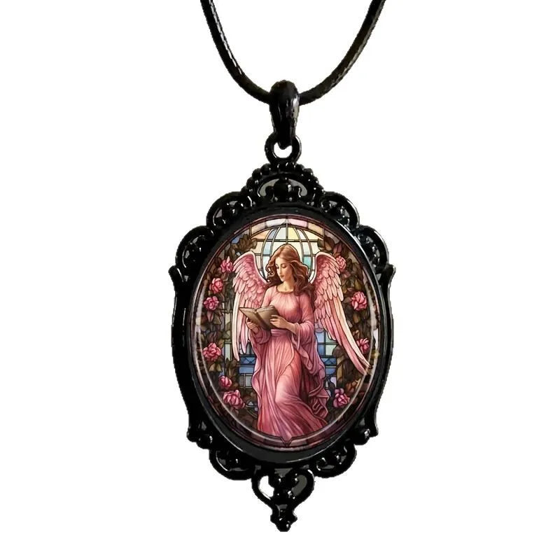 Popular Fashion, Simple Black Lace Base, Oval Glass Pendant Necklace Strap, Customizable Pattern, Wholesale Available