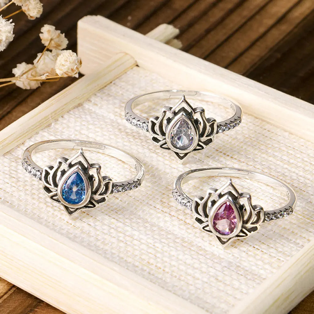 YILUOCD 925 Thai silver Adjustable Rings For Women Lotus Flower Colorful Zircon Ring Boho Female Fine Jewelry Gift
