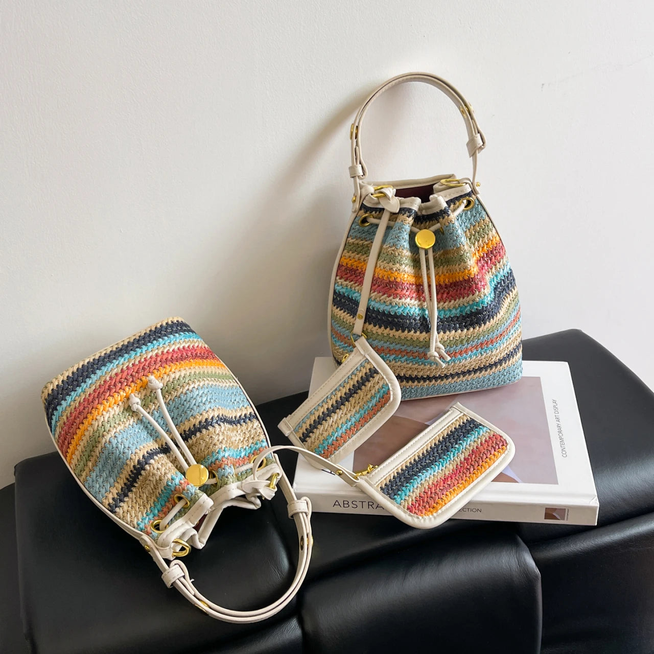 2 Pcs/set Bucket Design Crossbody Bag 2025 Boho Beach Shoulder Purses and Handbags Summer Colorful Straw Bolsa Feminina New