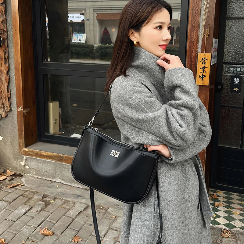 Luxury Rodeo Women Shoulder Bags Cowhide Leather Brand Black Handbags For Women Fashion Gold Silver Buckle Design Underarm Bags