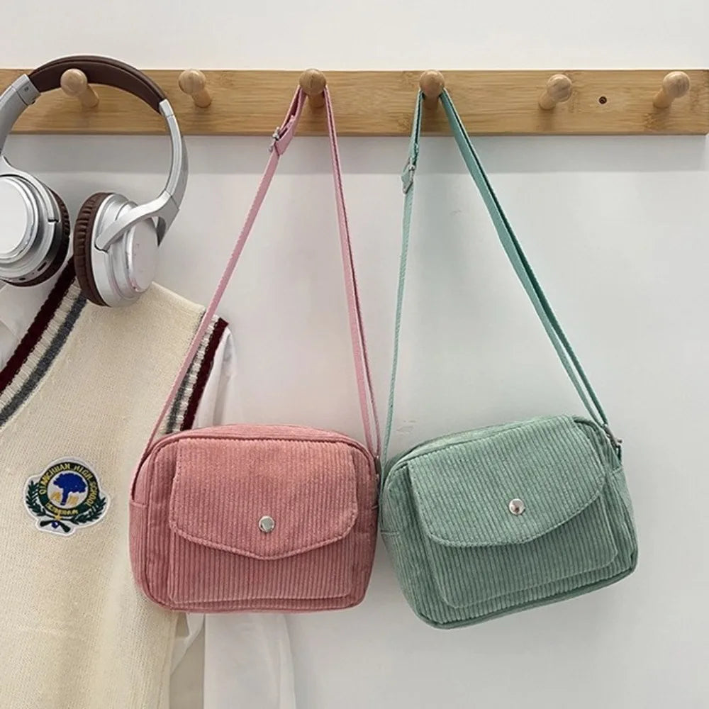 New Corduroy Striped Crossbody Bag Simple Design Solid Colour Shoulder Bags Adjustable Strap Lady's Square Bag for Casual Wear