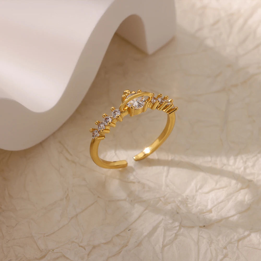 Luxury Zircon Round Rings For Women Gold Color Stainless Steel Open Ring Luxury Wedding Couple Aesthetic Jewerly Accessories