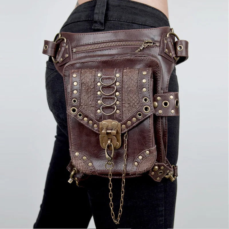 Steampunk Gothic Crossbody Bag Unisex Mini Waist Purse Medieval Rivet Multi-Purpose Travel Shoulder Bag Brown Multi-Way Backpack