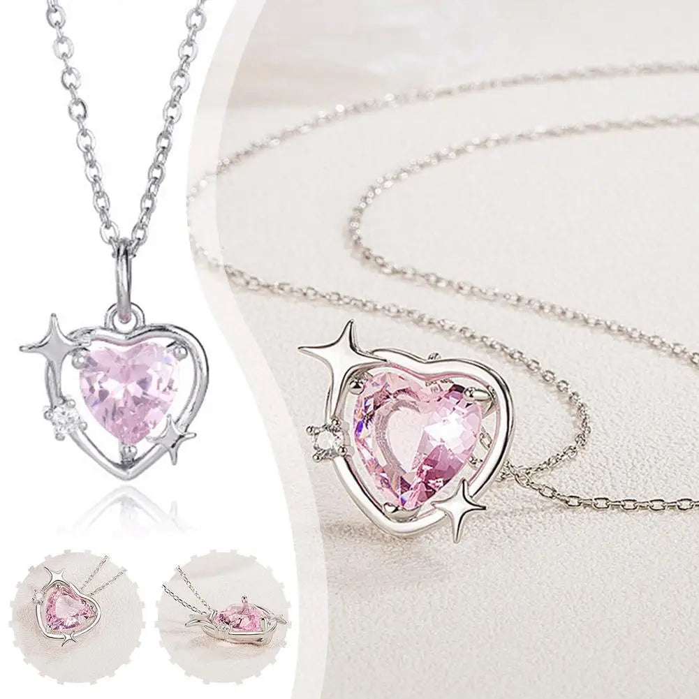 New Fashion Trendy Crystal Pink Zircon Heart Pendant Necklace For Women Girl Elegant and Sweet Punk Party Jewelry