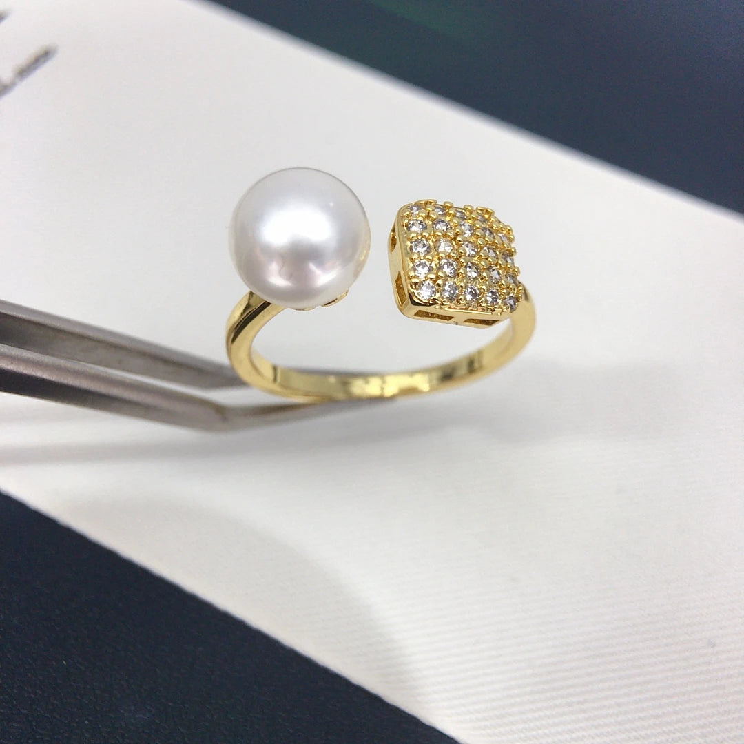 Unisex Adjustable Square Ring with 8-9mm Freshwater Cultured Pearl And Zircon Minimalist Fashion Jewelry for All 2025 New