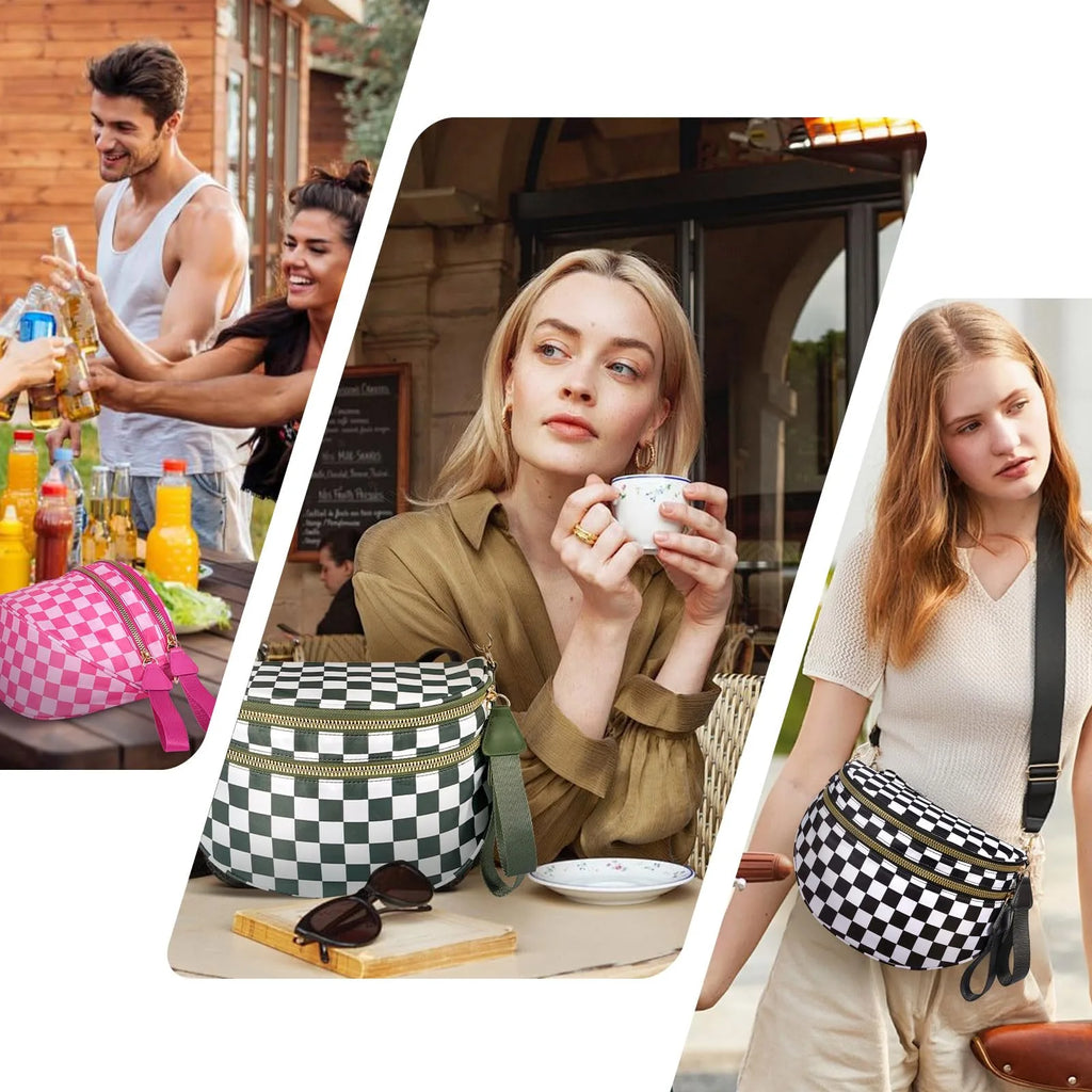Spacious Black and White Checkered Crossbody Bum Bag, Spacious Design for Essentials Plus Size Friendly Strap 55"