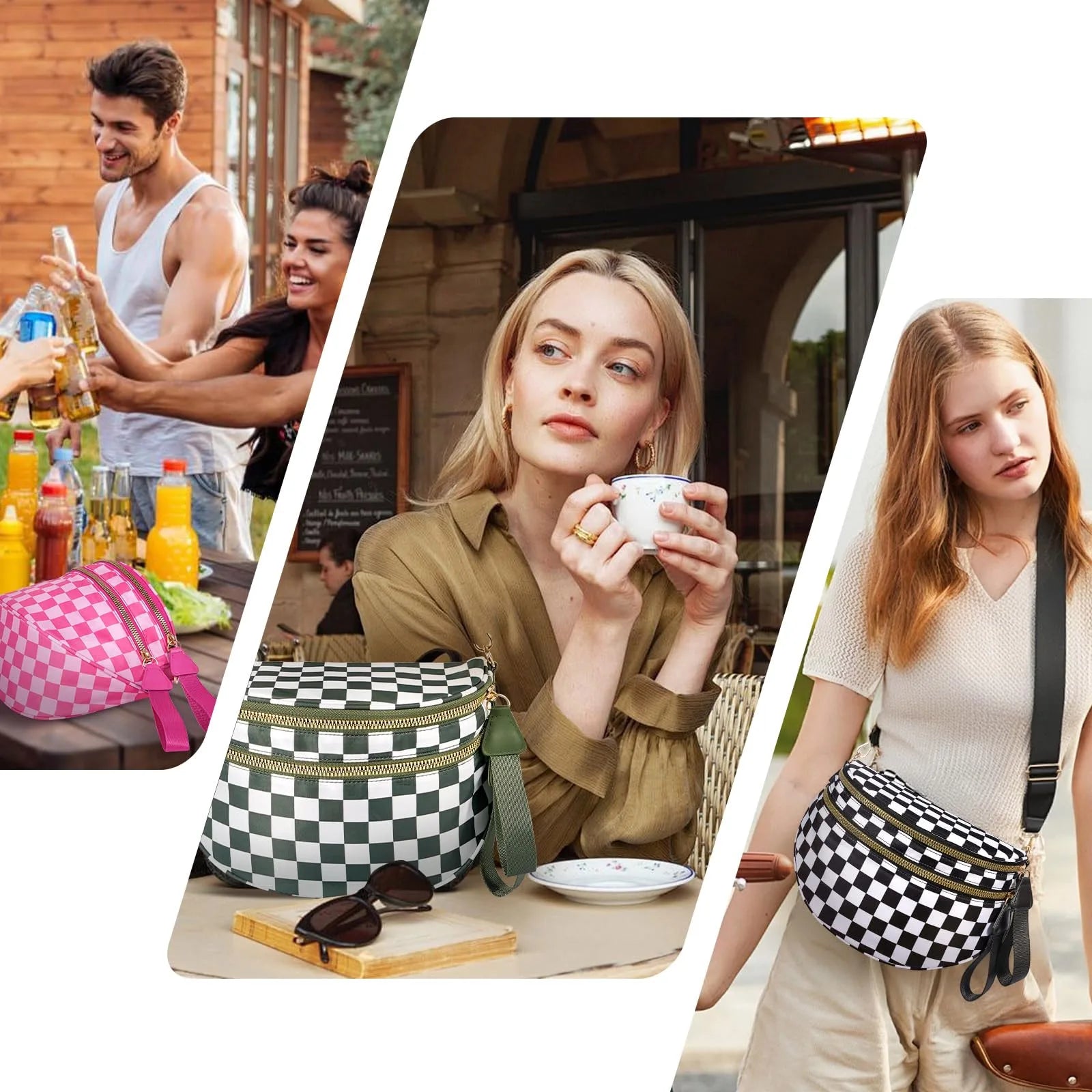 Spacious Black and White Checkered Crossbody Bum Bag, Spacious Design for Essentials Plus Size Friendly Strap 55"