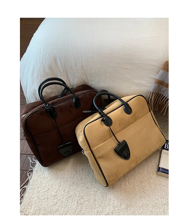 Faux Suede Taupe Retro Tote Bags for Women Solid Color Large Capacity Commuting Versatile Casual Shoulder Bag Classic Handbag