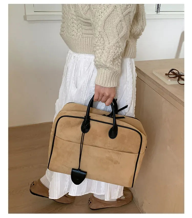 Faux Suede Taupe Retro Tote Bags for Women Solid Color Large Capacity Commuting Versatile Casual Shoulder Bag Classic Handbag