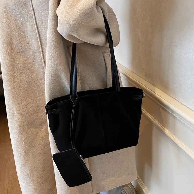 Suede Shoulder Bags for Women Large Capacity Totes Lightweight Underarm Bag Casual Shopper Handbag Solid Color Travel Bucket Bag