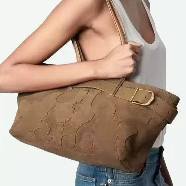 New Brown Suede Hobo Bag for Women, Studded Cowhide Large Tote Purse, Faux Suede Leather Shoulder Crossbody Handbag for Shopping
