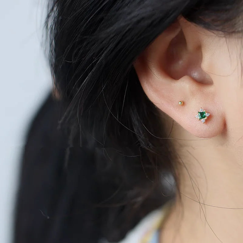 925 Sterling Silver Plating 14K Gold Exquisite Green Zircon Geometry Stud Earrings For Women Fine Jewelry