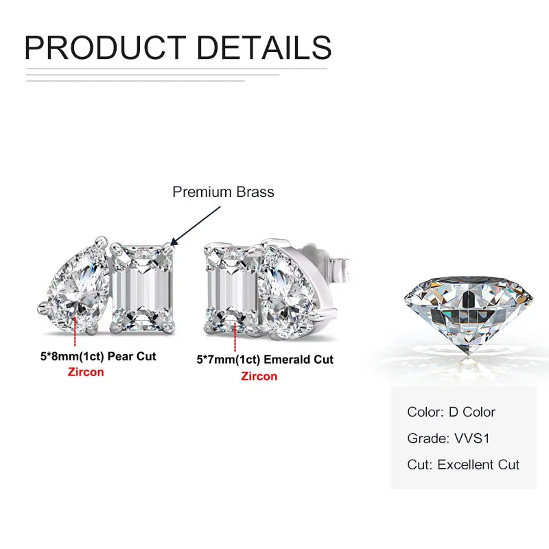 Rrjzz Stud Earrings for Women 5x7mm Emerald Cut&5x8mm Pear Cut Lab Created Cubic Zirconia 14K Gold Plated 2 Stone Jewelry Gift