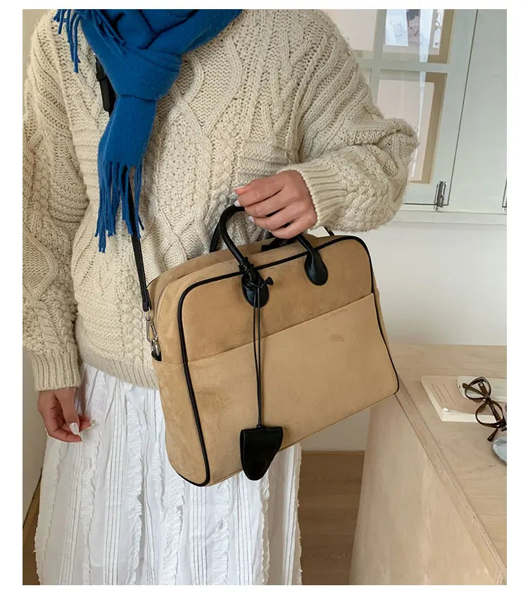 Faux Suede Taupe Retro Tote Bags for Women Solid Color Large Capacity Commuting Versatile Casual Shoulder Bag Classic Handbag