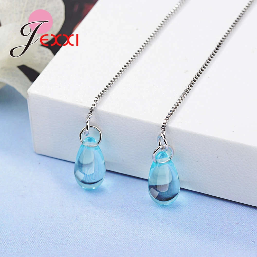 New 925 Sterling Silver Jewelry For Women Girls Lond Dangle Earrings Blue Clear Crystal Pendant Brincos Pendientes Gifts