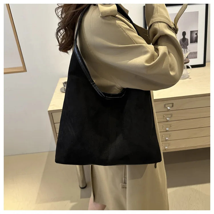 Vintage Faux Suede Tote Bags for Women Large Capacity Shoulder Ladies Underarm Bag Casual Simple Commuter Female Handbags