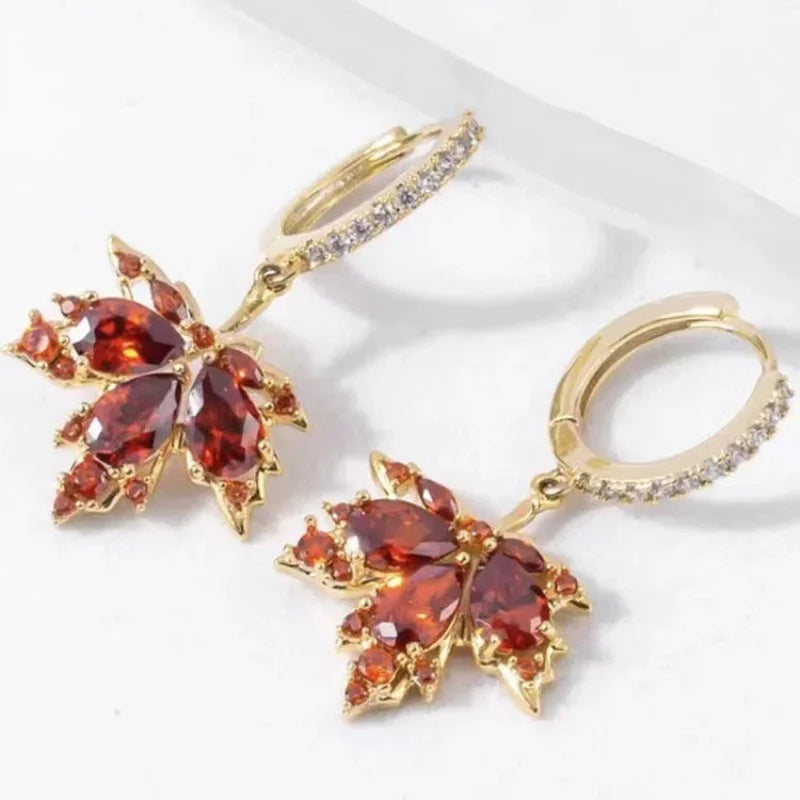 Chenrui Fashion Leaf Inlaid Zircon Earring Buckle for Women's Luxury, Fashionable and Elegant Medium Length Red Accessories
