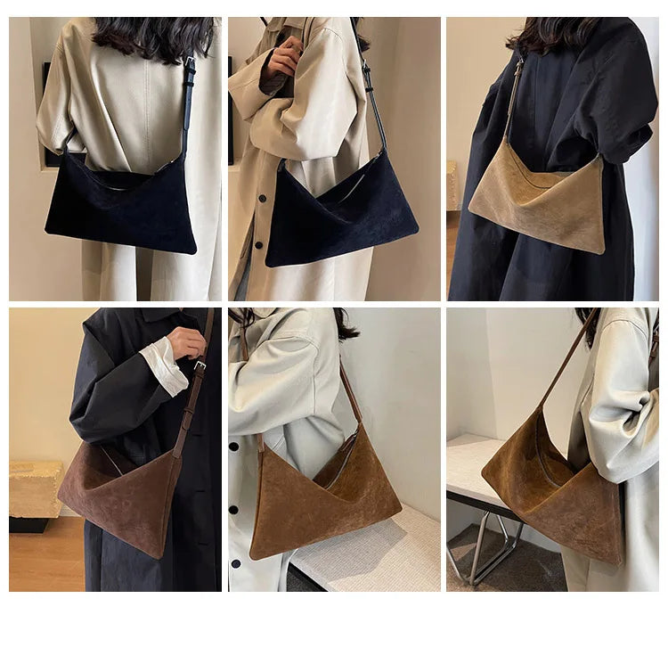 Vintage Suede Tote Bag For Women Autumn Winter New Large Capacity Commute Shoulder Crossbody Bags Fashion Trend Underarm Bags