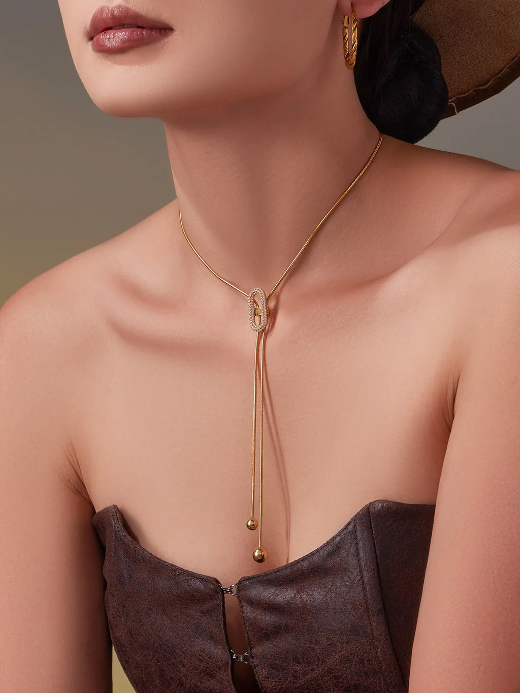 Ars 18K Gold Plated Y Necklace Stainless Steel Tassel Necklace Adjustable Oval Pendant Necklace Women's Zircon Lariat Necklaces