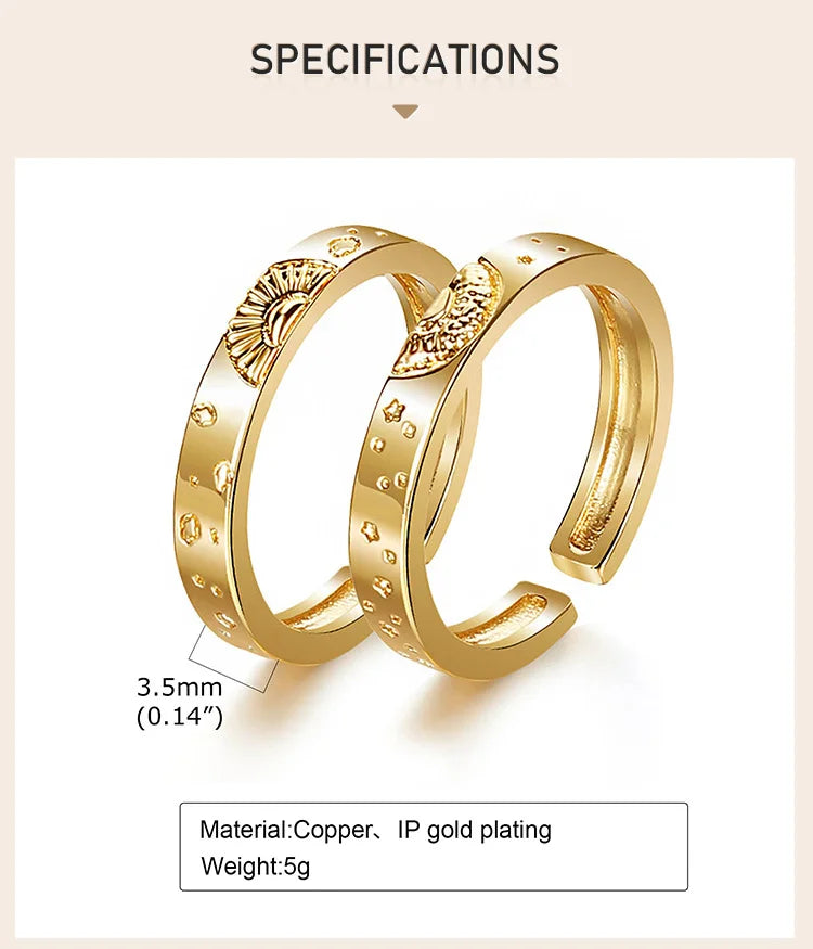 Adjustable Sun and Moon Couple Promise Ring, Boyfriend Girlfriend Matching Band, Price for Pair