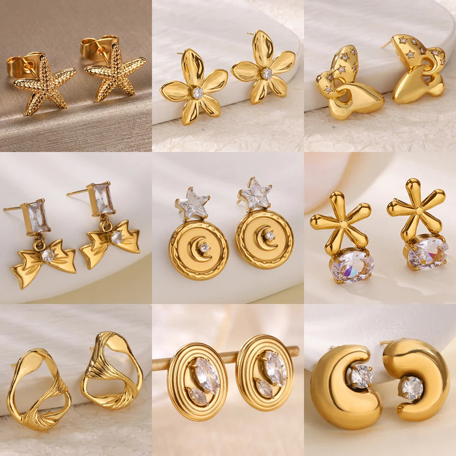 Fashion Zircon Stud Earrings for Women Gold Color Stainless Steel Earrings Trendy Luxury Wedding Jewelry Accessories aretes muje