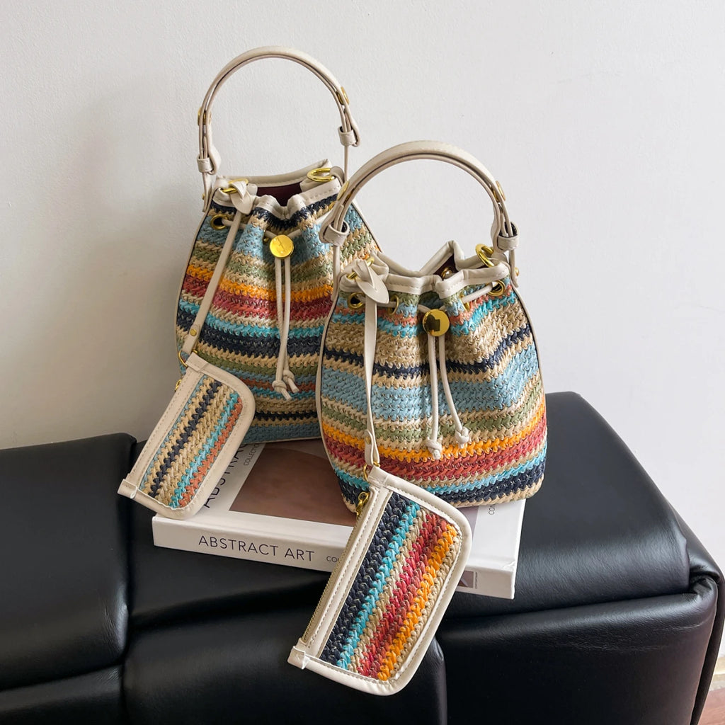 2 Pcs/set Bucket Design Crossbody Bag 2025 Boho Beach Shoulder Purses and Handbags Summer Colorful Straw Bolsa Feminina New