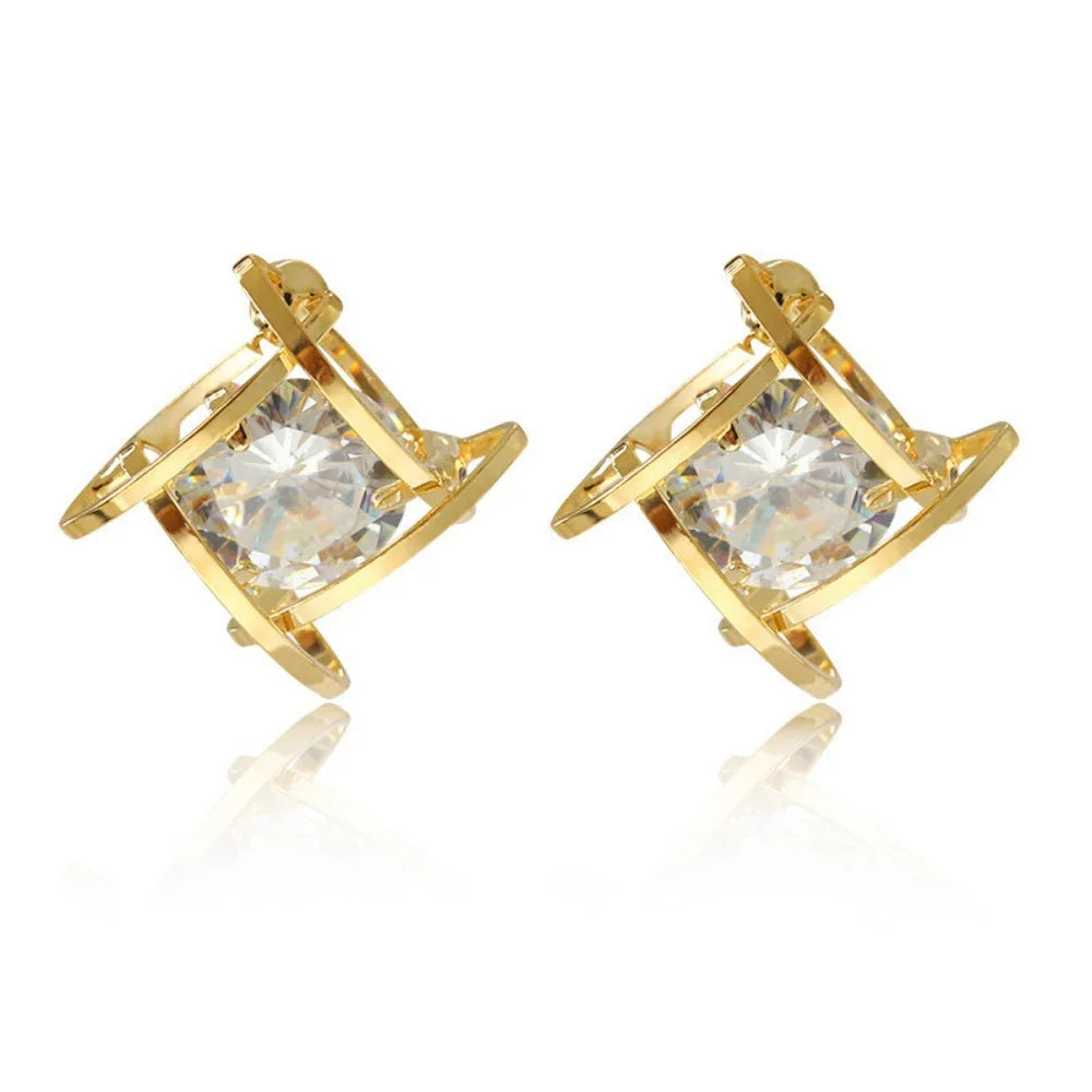 Zircon Small Square Crystal Stud Earrings For Women Luxury Vintage Wedding Party Jewelry Gift