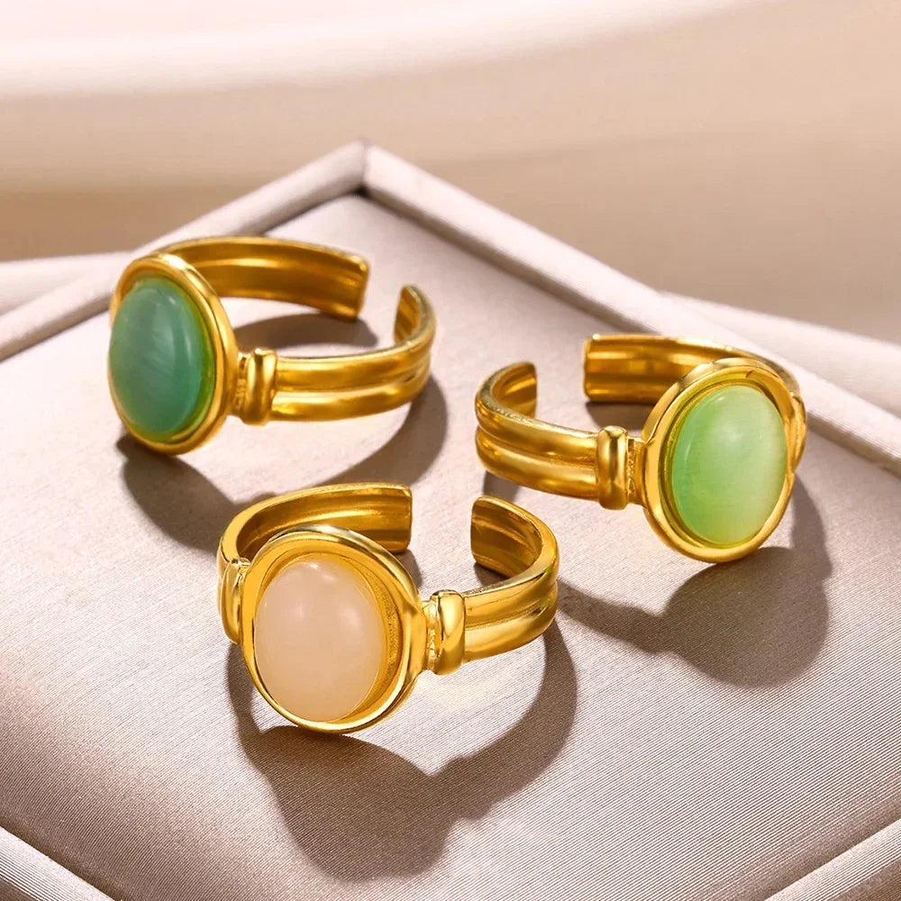Luxury Oval Opal Rings For Women Fashion Geometric Stainless Steel Adjustable Natural Stone Sun Aesthetic Weeding Jewelry BFF
