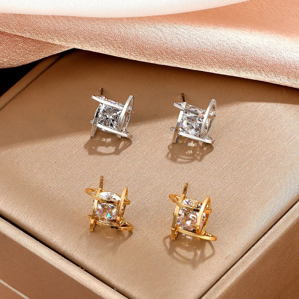 Zircon Small Square Crystal Stud Earrings For Women Luxury Vintage Wedding Party Jewelry Gift