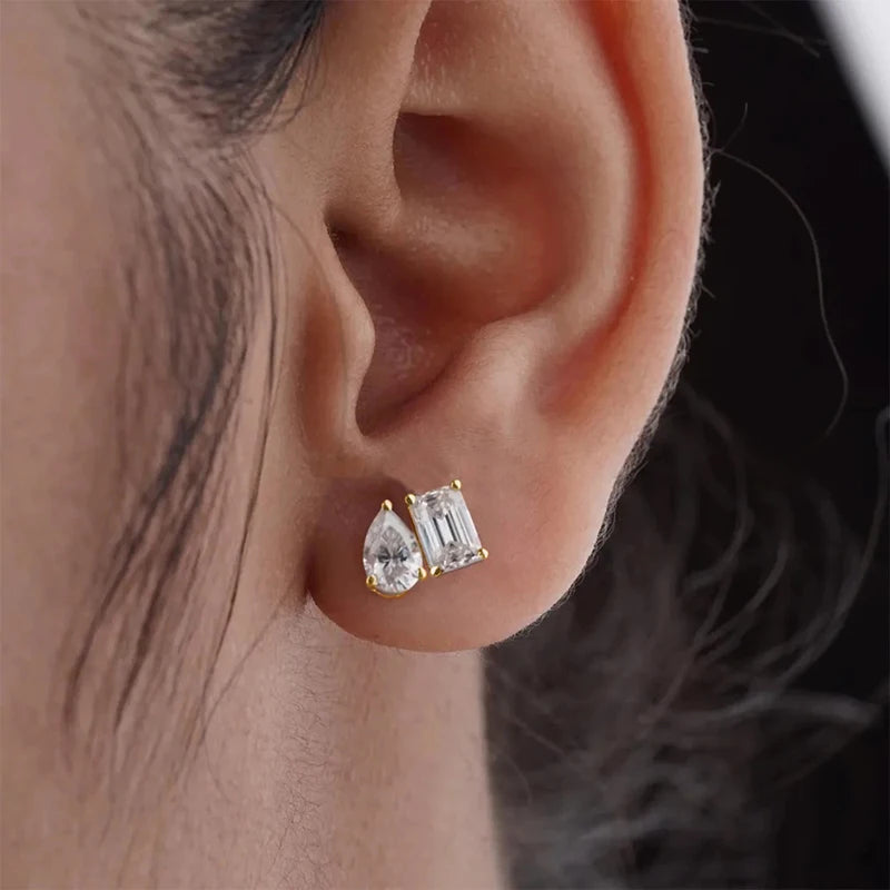 Rrjzz Stud Earrings for Women 5x7mm Emerald Cut&5x8mm Pear Cut Lab Created Cubic Zirconia 14K Gold Plated 2 Stone Jewelry Gift