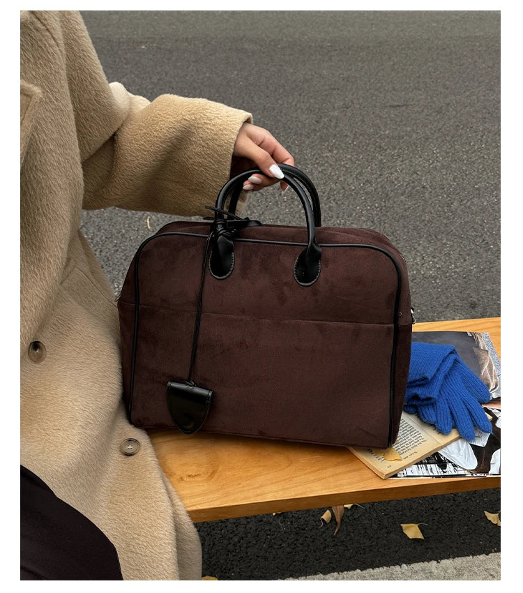 Faux Suede Taupe Retro Tote Bags for Women Solid Color Large Capacity Commuting Versatile Casual Shoulder Bag Classic Handbag
