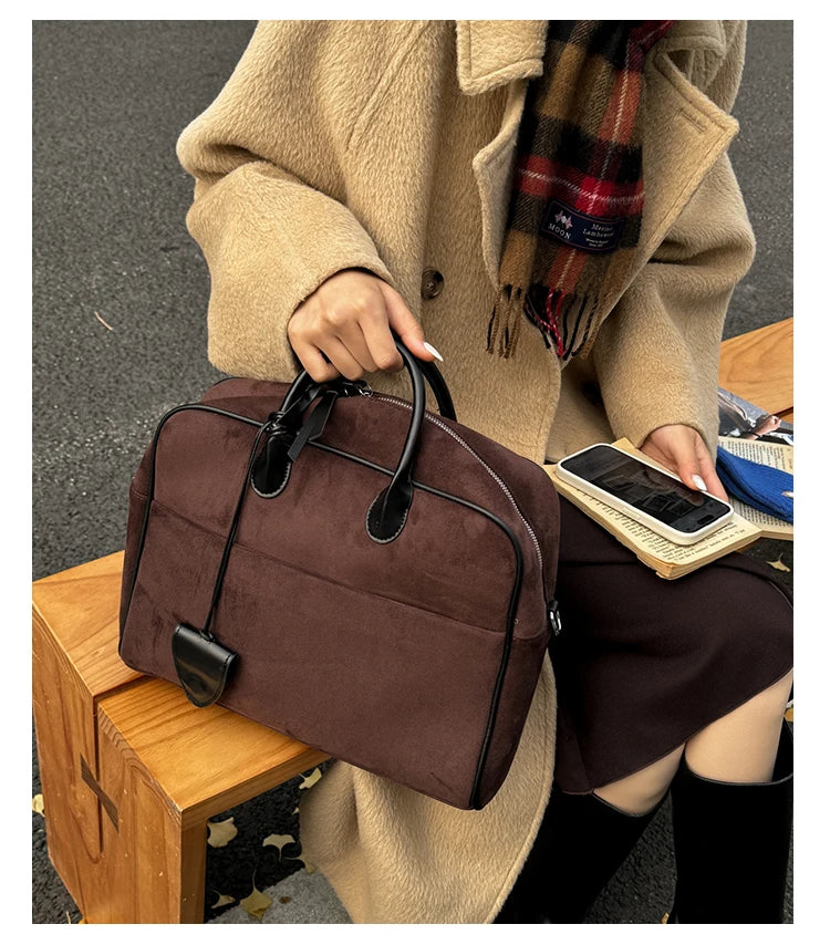 Faux Suede Taupe Retro Tote Bags for Women Solid Color Large Capacity Commuting Versatile Casual Shoulder Bag Classic Handbag