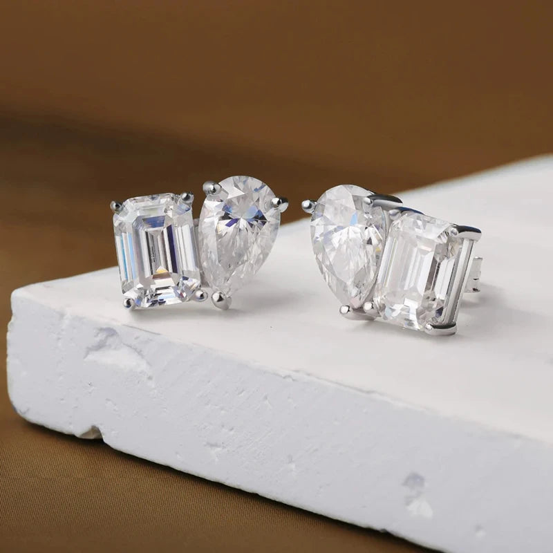 Rrjzz Stud Earrings for Women 5x7mm Emerald Cut&5x8mm Pear Cut Lab Created Cubic Zirconia 14K Gold Plated 2 Stone Jewelry Gift