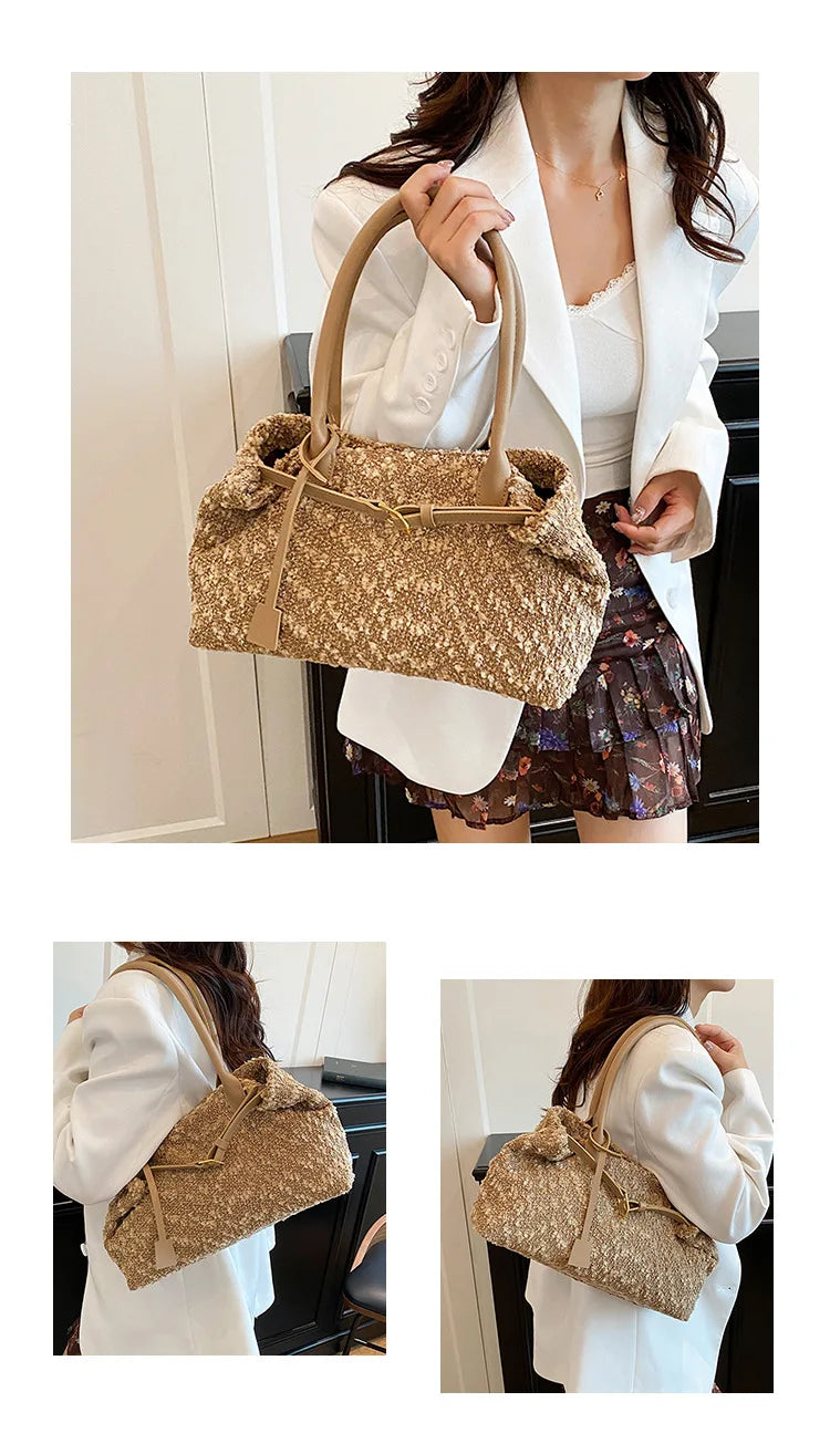 Belt Design Matte Leather Women's Tote Shoulder Bag Suede Velvet Female Underarm Bags Large Capacity Ladies Work Handbags Purse