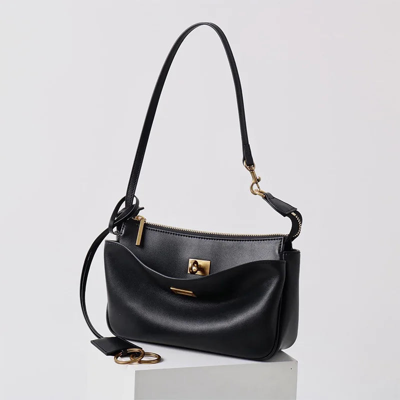 Luxury Rodeo Women Shoulder Bags Cowhide Leather Brand Black Handbags For Women Fashion Gold Silver Buckle Design Underarm Bags