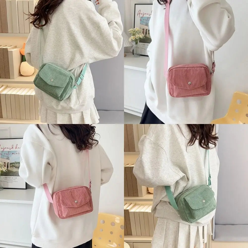 New Corduroy Striped Crossbody Bag Simple Design Solid Colour Shoulder Bags Adjustable Strap Lady's Square Bag for Casual Wear