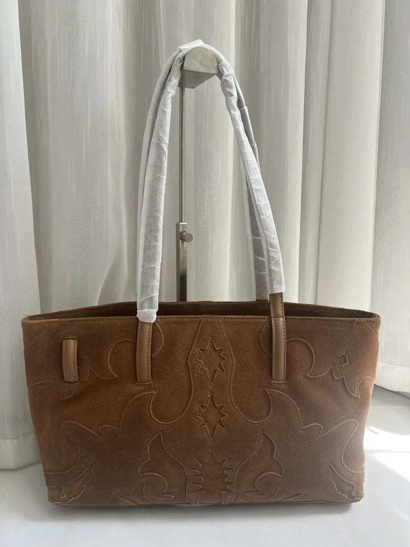 New Brown Suede Hobo Bag for Women, Studded Cowhide Large Tote Purse, Faux Suede Leather Shoulder Crossbody Handbag for Shopping
