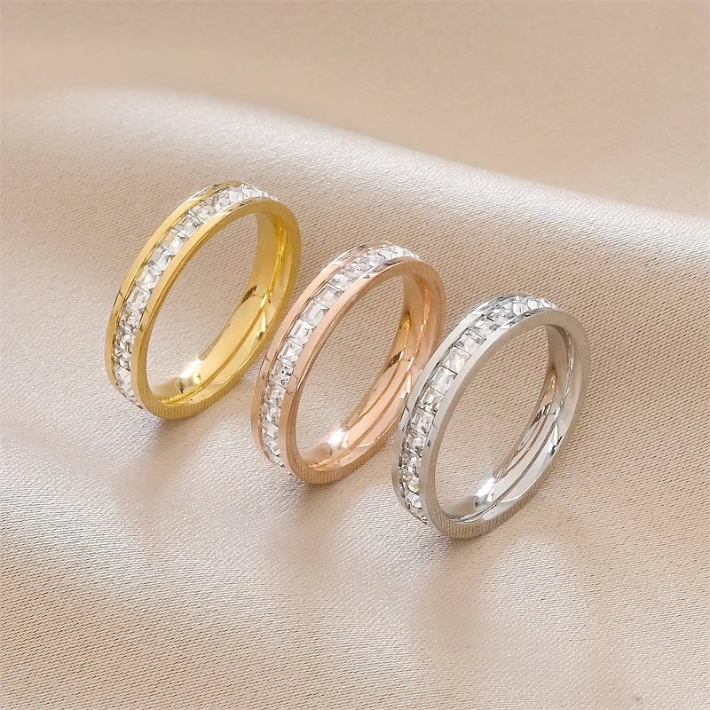 Luxury Rose Gold Color Double Row Square Zircon Stainless Steel Ring For Women Romantic  Wedding Party Jewelry Female Jewelry Fa
