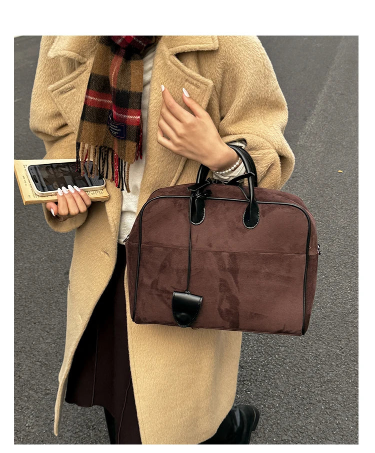 Faux Suede Taupe Retro Tote Bags for Women Solid Color Large Capacity Commuting Versatile Casual Shoulder Bag Classic Handbag