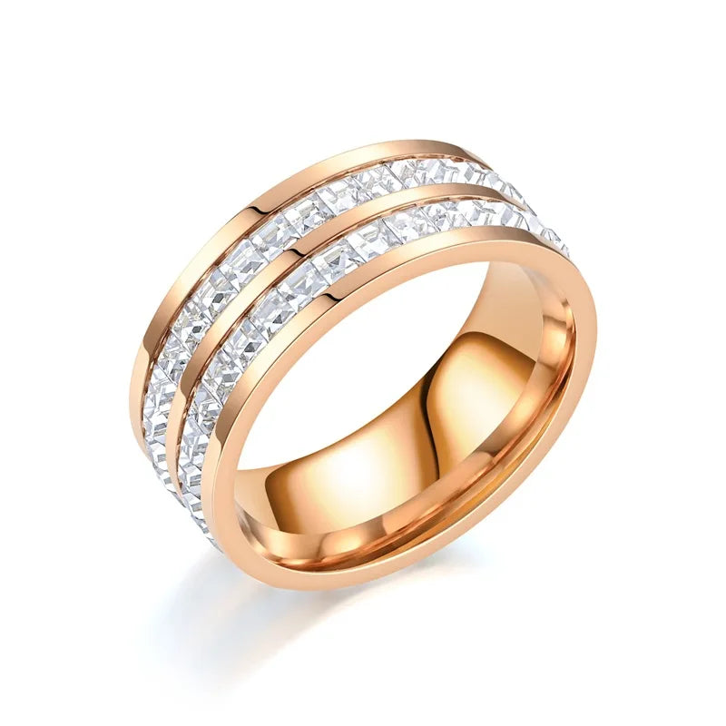 Luxury Rose Gold Color Double Row Square Zircon Stainless Steel Ring For Women Romantic  Wedding Party Jewelry Female Jewelry Fa