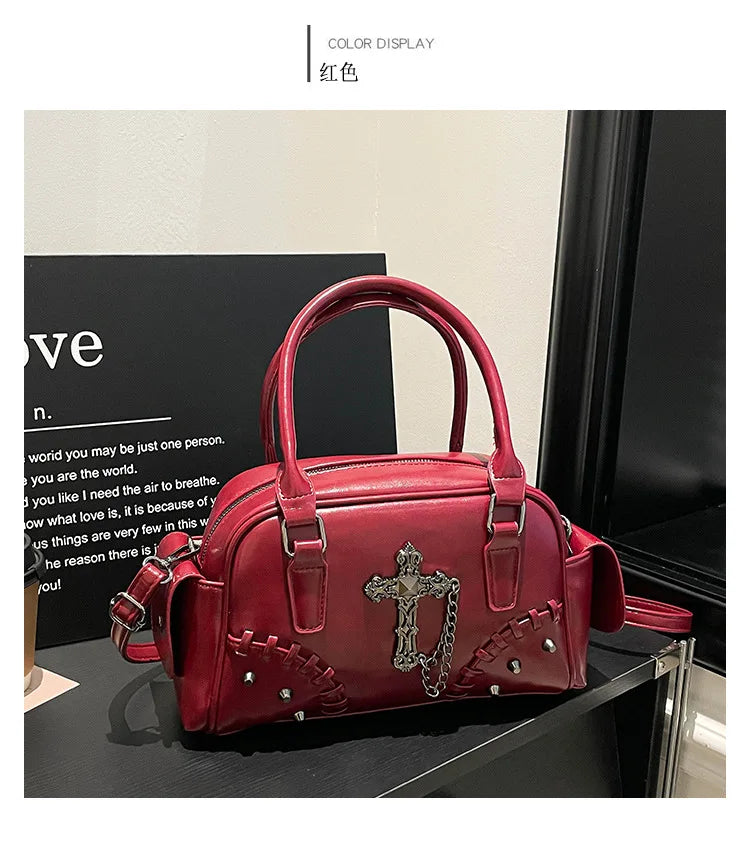 2026 Spring New Punk Gothic Cross Body Bag for Women Small Square Shoulder Bag with Metal Studs Cross Design Edgy Alternative