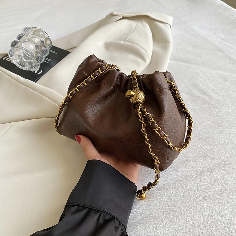 Women's Crossbody Tote Bag PU Leather Hobo Bag Fashionable Retro Bucket Bag Korean High-End Chain Crossbody Bag